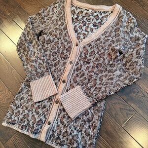 Free People Wool/ Cotton Blend Leopard Print Cardigan